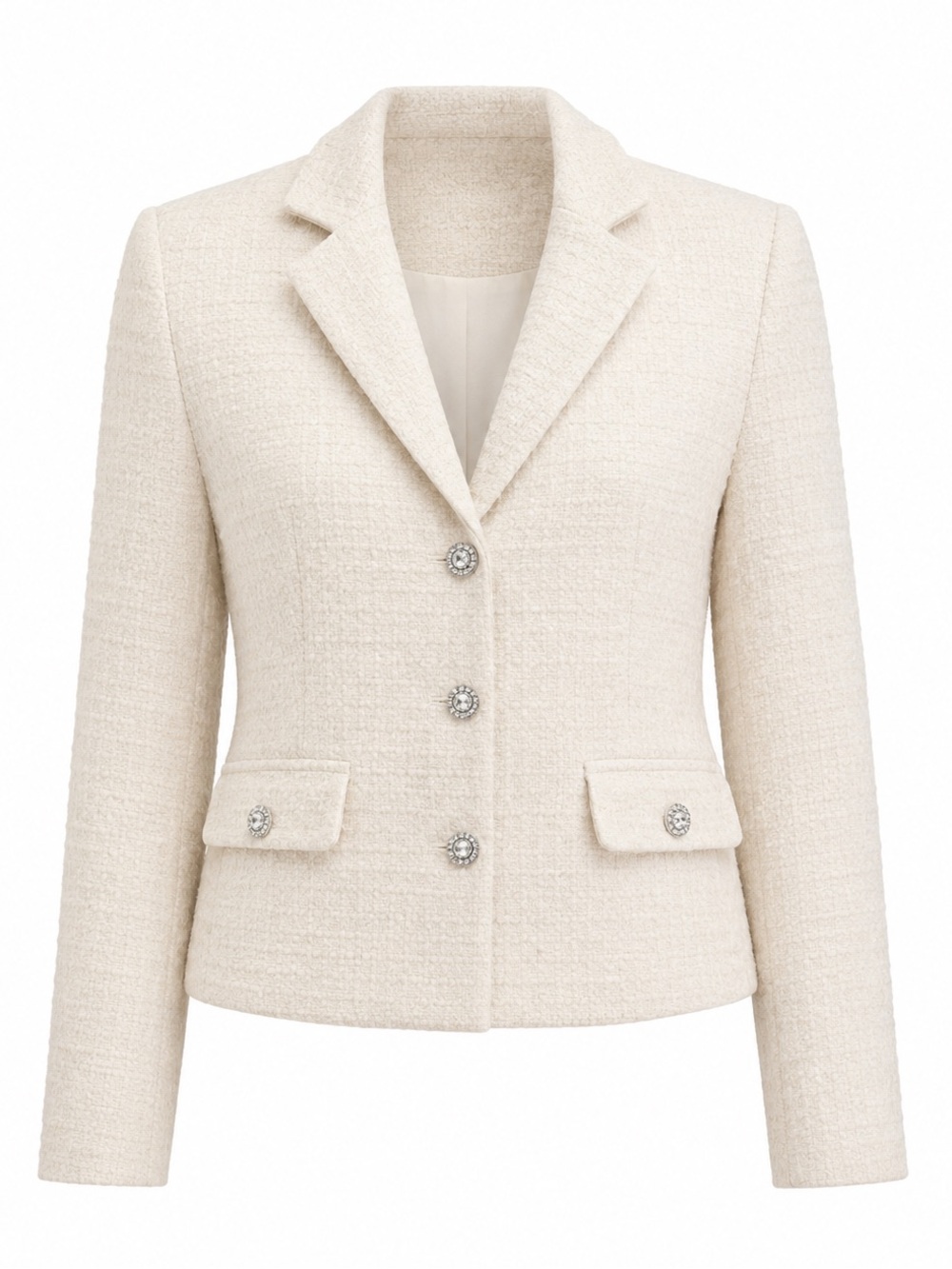 ZARA Woman Textured Tweed Cropped Blazer w/ Rhinestone Jewel Buttons Ecru Sz XS